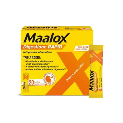 Maalox Digestione Rapid Integratore Controllo Acidità Gastrica Aroma Arancia, 20 Bustine