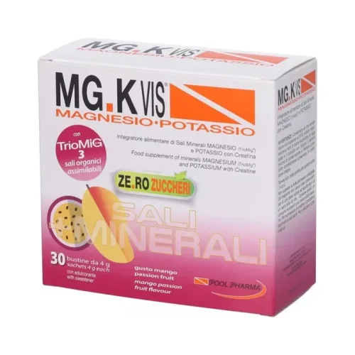 MG.K Vis Magnesio-Potassio Ze.ro Zuccheri Integratore Idrosalino-Energetico Senza Zuccheri Gusto Mango-Passion Fruit, 30 Bustine